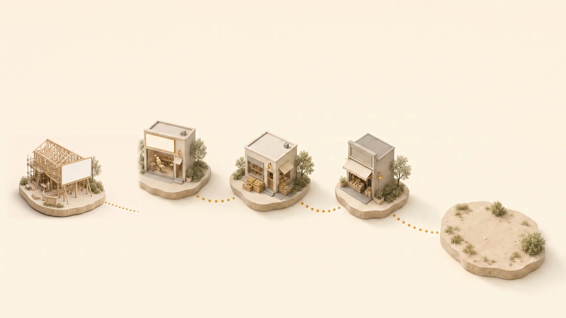 A model of one road with five plots on it, linked by a dotted path